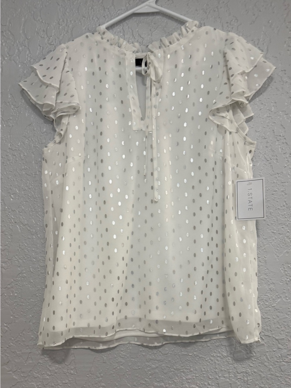 1. State Ivory Blouse with Silver Metallic Dots and Ruffle Sleeves